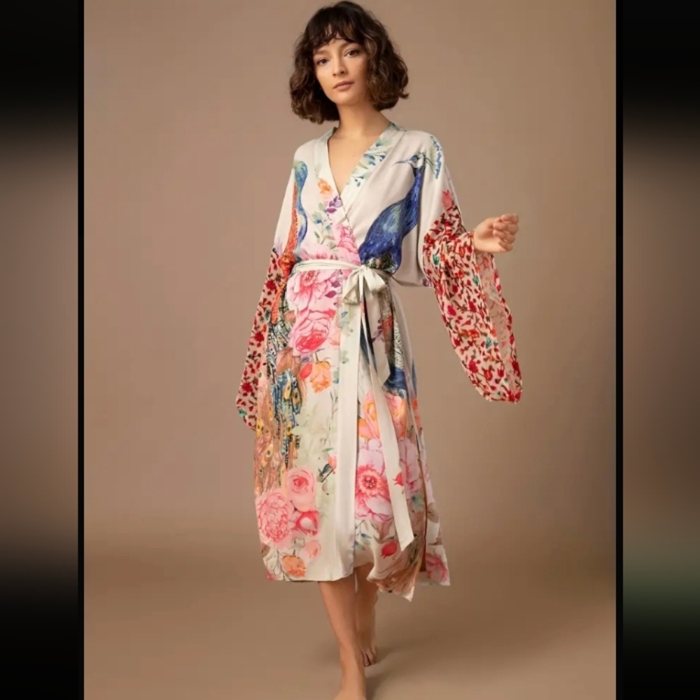 Swimsuit/Beach Cover Up Wrap Kimono Duster Floral  Peacock Floral Summer Robe